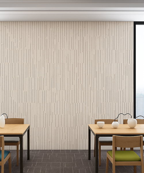 Arctic Slate Cork Wall Tiles In A Modern Restaurant, Featuring Natural Acoustic Wall Panels With Linear Design