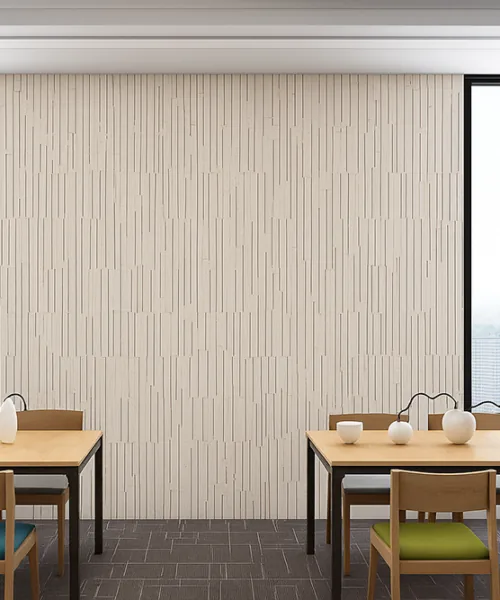 Arctic Slate - 1/2&Quot; (12Mm) - Cork Wall Tile (Warcslt12) Arctic Slate Cork Wall Tiles In A Modern Restaurant, Featuring Natural Acoustic Wall Panels With Linear Design