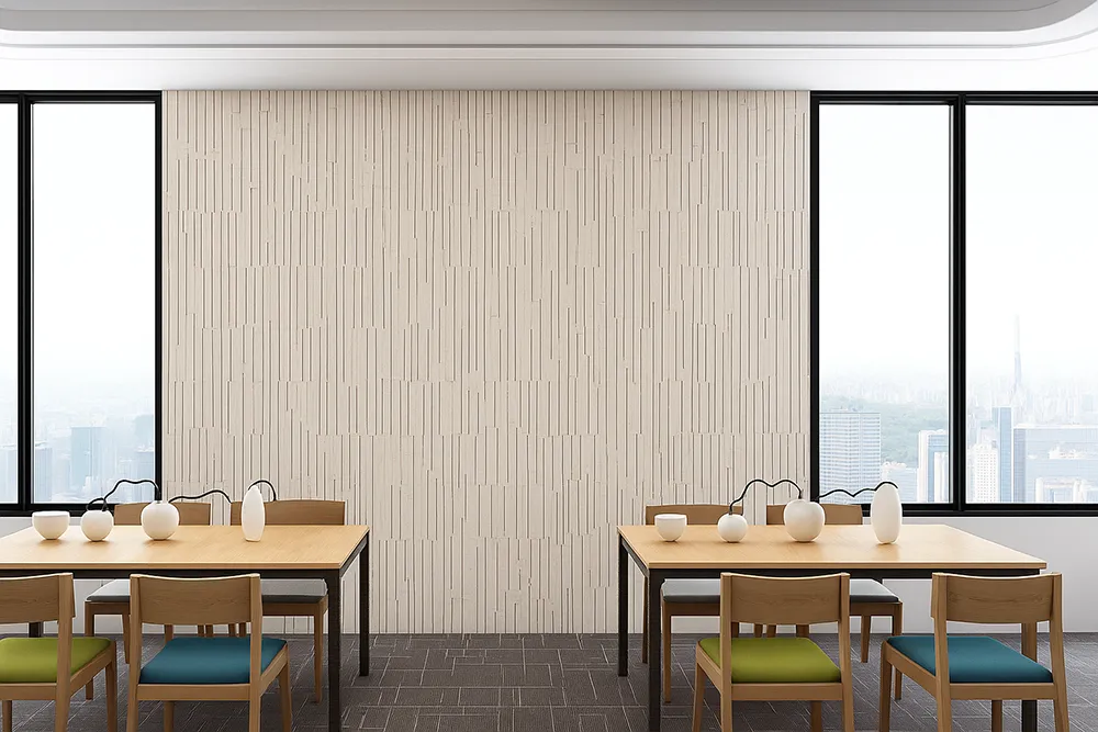 Arctic Slate Cork Wall Tiles In A Modern Restaurant, Featuring Natural Acoustic Wall Panels With Linear Design
