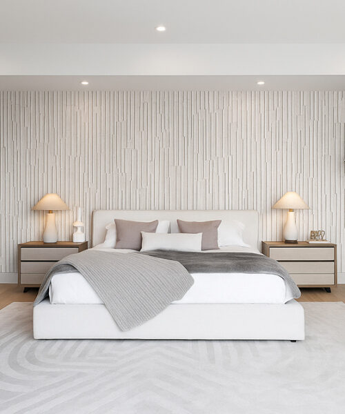 Arctic Slate Cork Wall Tiles Used As A Bedroom Feature Wall, Eco-Friendly Acoustic Panels For A Modern Interior.