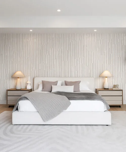 Arctic Slate - 1/2&Quot; (12Mm) - Cork Wall Tile (Warcslt12) Arctic Slate Cork Wall Tiles Used As A Bedroom Feature Wall, Eco-Friendly Acoustic Panels For A Modern Interior.