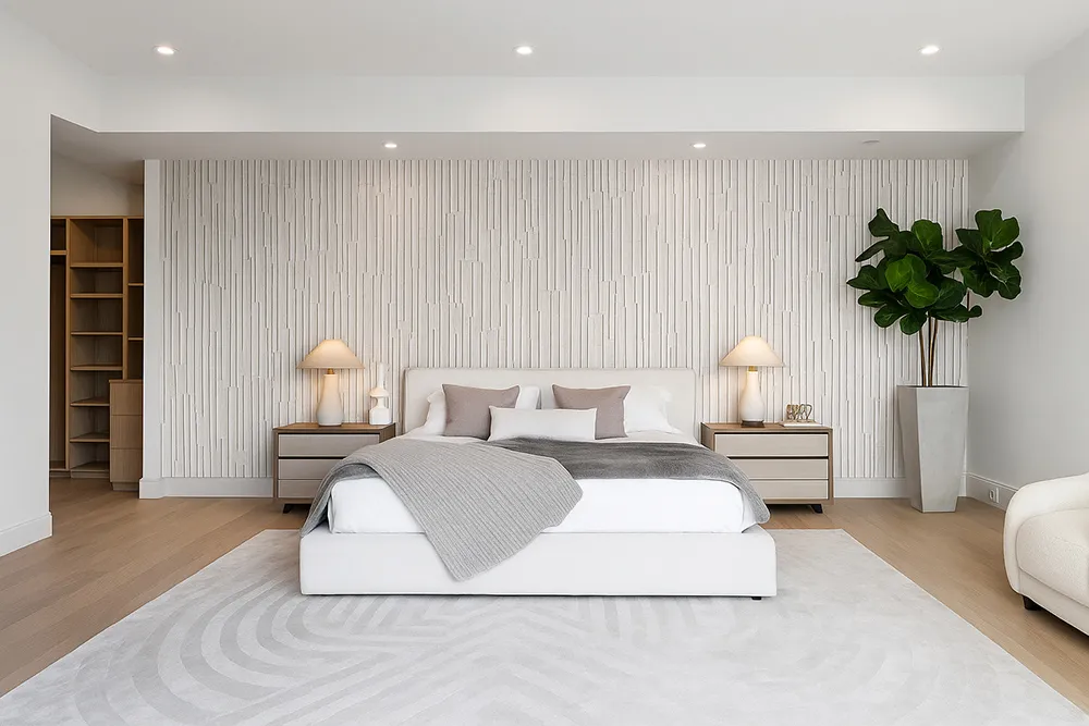Arctic Slate Cork Wall Tiles Used As A Bedroom Feature Wall, Eco-Friendly Acoustic Panels For A Modern Interior.