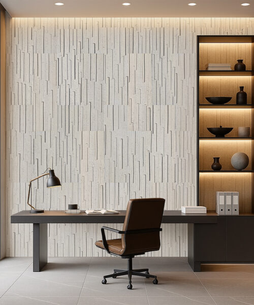Arctic Slate 12Mm Cork Wall Panels In A Contemporary Office, Sustainable Acoustic Tiles With Natural Linear Texture.