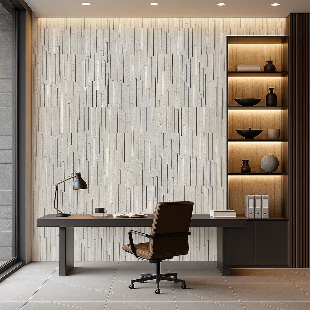 Arctic Slate 12Mm Cork Wall Panels In A Contemporary Office, Sustainable Acoustic Tiles With Natural Linear Texture.