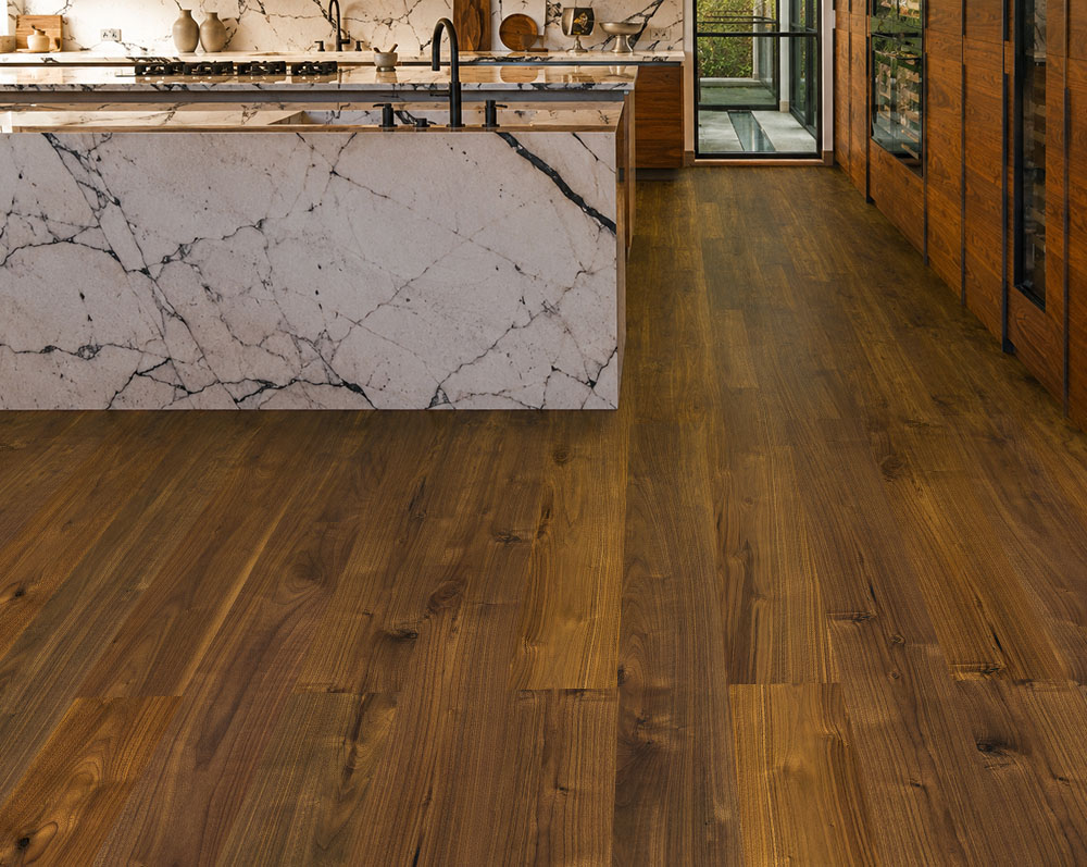 Ashen Chestnut - 7/16&Quot; (11Mm) - Swiss Design Cork Floating (Fascnut11) Ashen Chestnut 11Mm Cork Flooring In A Contemporary Kitchen With A Marble Island And Wood Cabinetry.