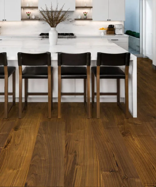 Ashen Chestnut - 7/16&Quot; (11Mm) - Swiss Design Cork Floating (Fascnut11) Ashen Chestnut Swiss Cork Flooring In A Bright White Kitchen With A Large Marble Island.