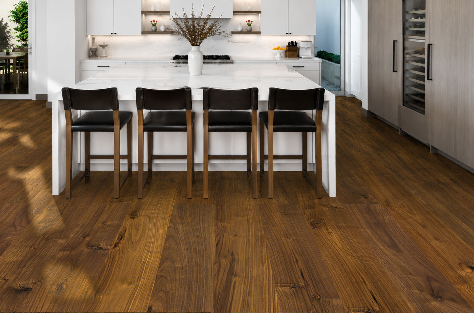 Ashen Chestnut - 7/16&Quot; (11Mm) - Swiss Design Cork Floating (Fascnut11) Ashen Chestnut Swiss Cork Flooring In A Bright White Kitchen With A Large Marble Island.
