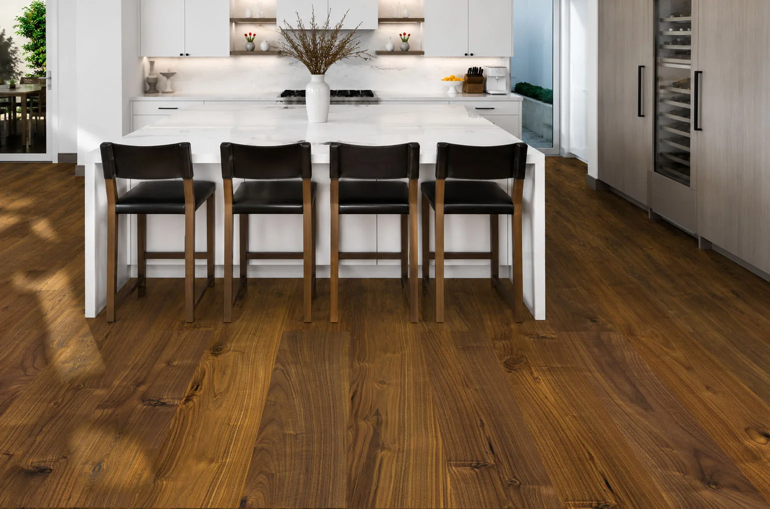 Ashen Chestnut - 7/16&Quot; (11Mm) - Swiss Design Cork Floating (Fascnut11) Ashen Chestnut Swiss Cork Flooring In A Bright White Kitchen With A Large Marble Island.