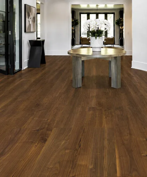 Ashen Chestnut - 7/16&Quot; (11Mm) - Swiss Design Cork Floating (Fascnut11) Ashen Chestnut Wood-Look Cork Flooring In A Modern Entryway Beside A Contemporary Staircase.