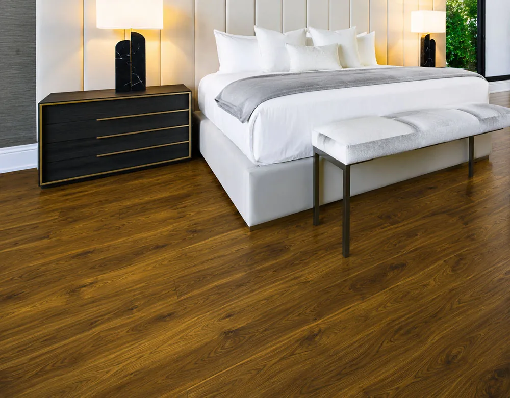 Ashen Chestnut - 7/16&Quot; (11Mm) - Swiss Design Cork Floating (Fascnut11) Ashen Chestnut 11Mm Cork Floating Flooring In A Luxury Bedroom With Warm Brown Grain Patterns.