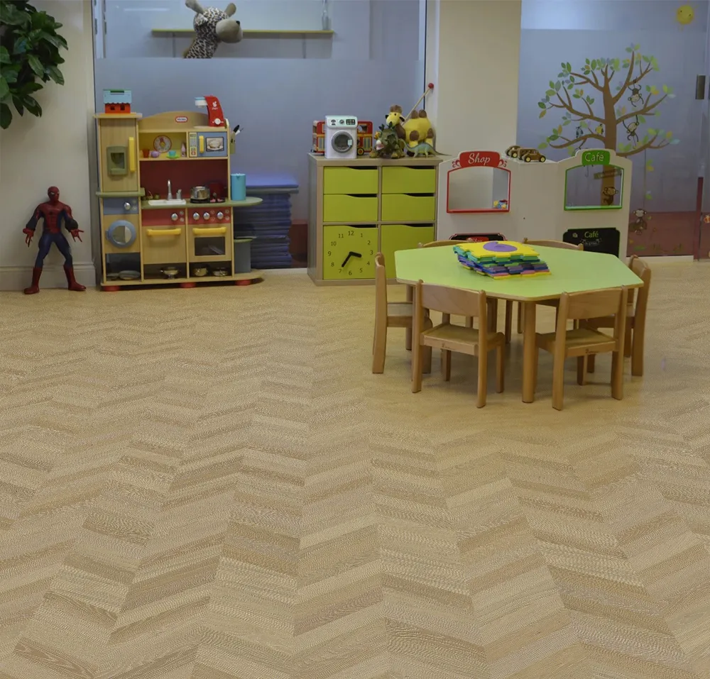 Aurora Chevron Cork Flooring In A Daycare Classroom – Soft, Quiet, And Comfortable Surface Ideal For Children’s Play Areas.