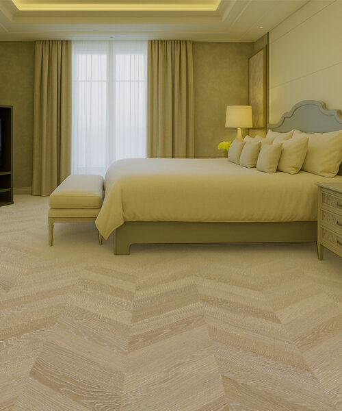 Aurora Chevron Cork Flooring In A Cozy Bedroom – Soft Underfoot Warmth And Natural Comfort For Relaxing Spaces.