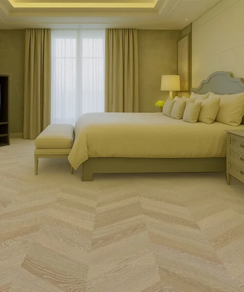 Aurora Chevron - 7/16″ (11Mm) - Swiss Design Cork Floating (Fauro11) Aurora Chevron Cork Flooring In A Cozy Bedroom – Soft Underfoot Warmth And Natural Comfort For Relaxing Spaces.
