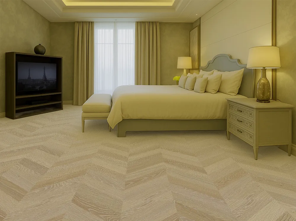 Aurora Chevron Cork Flooring In A Cozy Bedroom – Soft Underfoot Warmth And Natural Comfort For Relaxing Spaces.