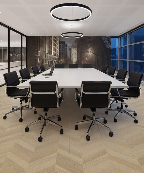 Aurora Chevron Cork Flooring In An Executive Office Meeting Room – Durable, Sound-Absorbing Cork Design Ideal For Workspaces.