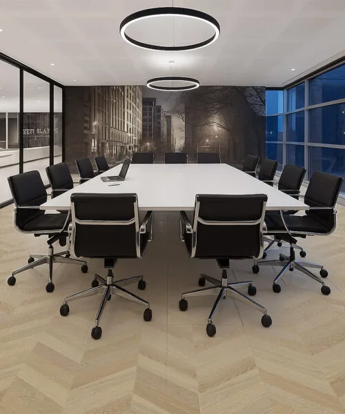 Aurora Chevron - 7/16″ (11Mm) - Swiss Design Cork Floating (Fauro11) Aurora Chevron Cork Flooring In An Executive Office Meeting Room – Durable, Sound-Absorbing Cork Design Ideal For Workspaces.