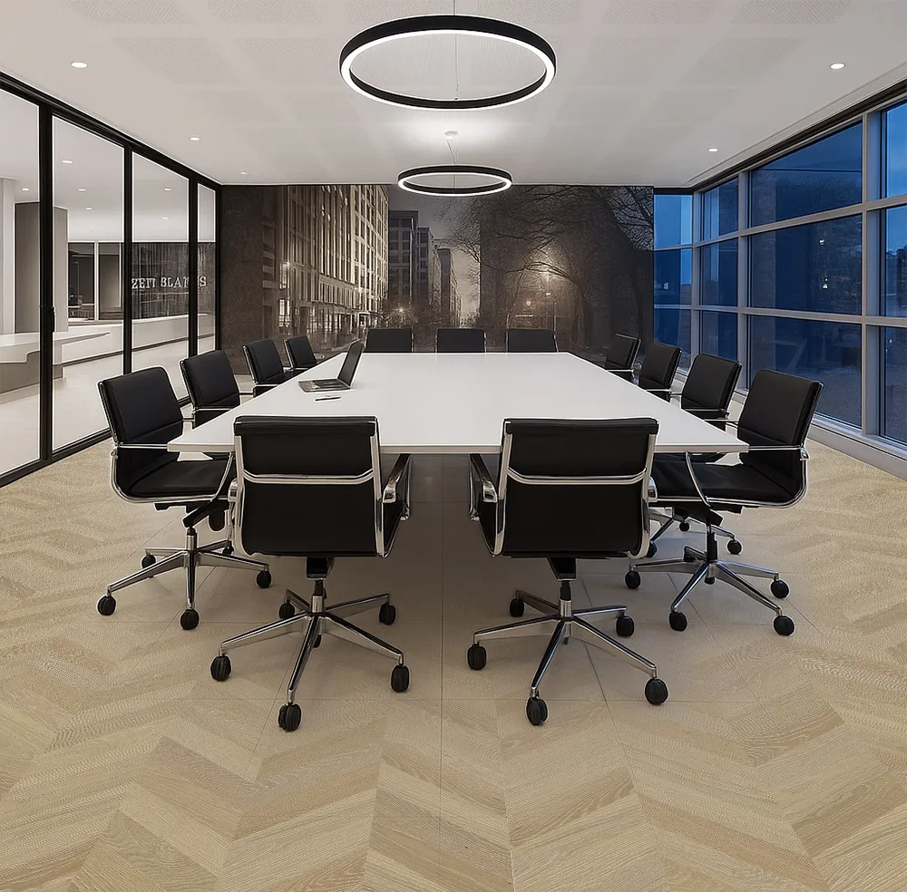Aurora Chevron Cork Flooring In An Executive Office Meeting Room – Durable, Sound-Absorbing Cork Design Ideal For Workspaces.