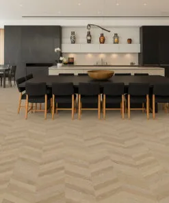 Aurora Chevron - 7/16″ (11Mm) - Swiss Design Cork Floating (Fauro11) Aurora Chevron Cork Flooring In An Open Kitchen And Dining Room – Waterproof, Elegant, And Sustainable Floor Design.