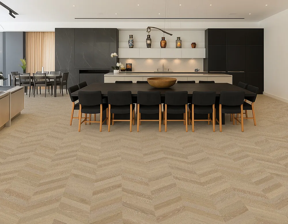 Aurora Chevron Cork Flooring In An Open Kitchen And Dining Room – Waterproof, Elegant, And Sustainable Floor Design.