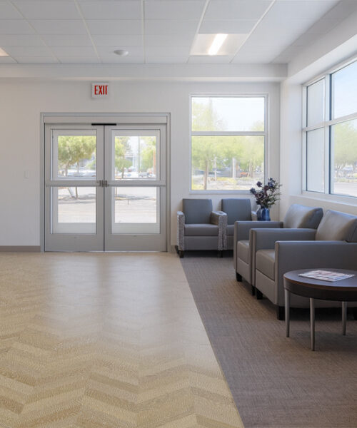 Aurora Chevron Cork Flooring In A Bright Waiting Area – Antimicrobial, Easy-To-Clean, And Noise-Reducing Flooring Solution.