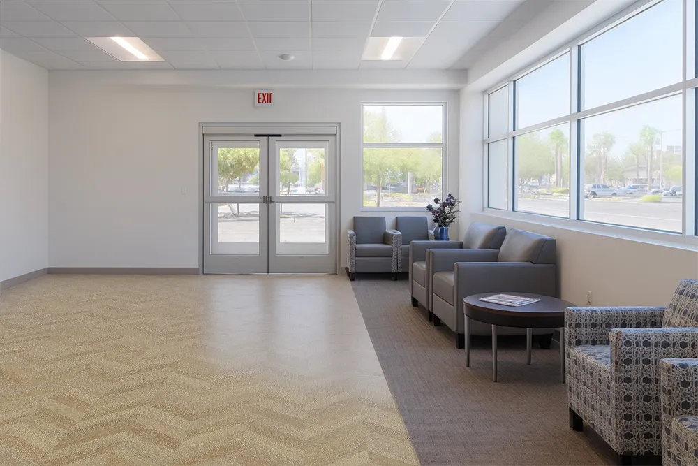 Aurora Chevron Cork Flooring In A Bright Waiting Area – Antimicrobial, Easy-To-Clean, And Noise-Reducing Flooring Solution.