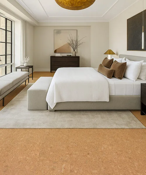 Cozy Bedroom Interior With Soft Autumn Leaves Cork Flooring Adding Warmth And Comfort Underfoot.