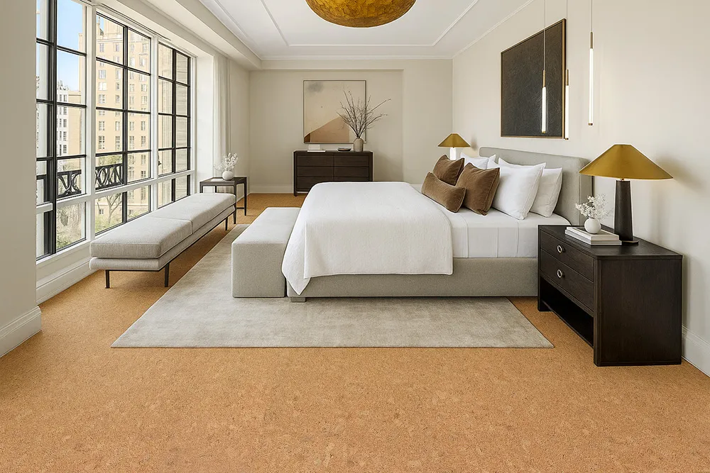 Autumn Leaves - 1/2&Quot; (12Mm) - Cork Floating (Fal12) Cozy Bedroom Interior With Soft Autumn Leaves Cork Flooring Adding Warmth And Comfort Underfoot.
