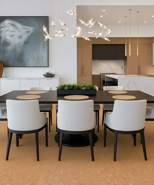 Modern Dining Area With Elegant Lighting And Autumn Leaves Cork Floors For A Natural, Organic Look.