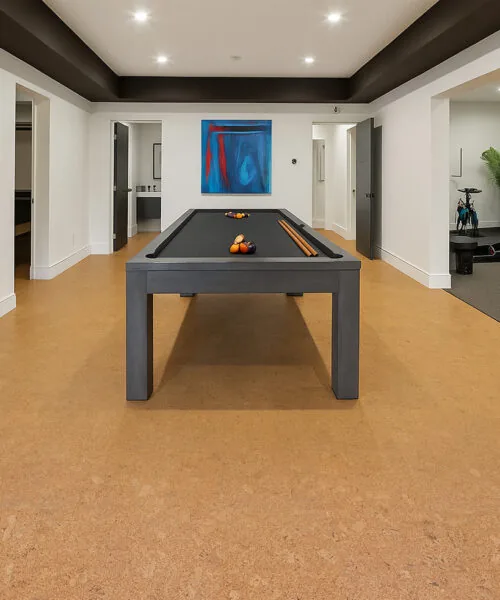 Recreational Basement Area With Autumn Leaves Cork Flooring Providing Noise Reduction And Comfort.