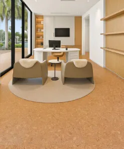 Bright Office Space With Durable Autumn Leaves 12Mm Cork Floors And Modern Lounge Chairs.