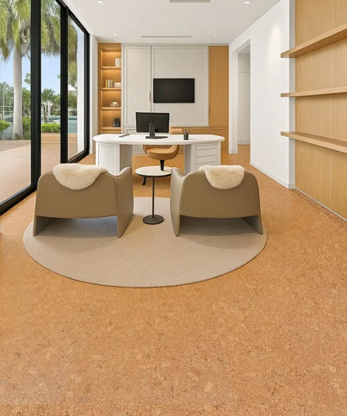 Bright Office Space With Durable Autumn Leaves 12Mm Cork Floors And Modern Lounge Chairs.