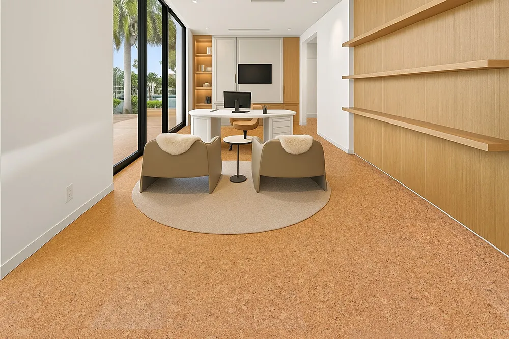 Autumn Leaves - 1/2&Quot; (12Mm) - Cork Floating (Fal12) Bright Office Space With Durable Autumn Leaves 12Mm Cork Floors And Modern Lounge Chairs.