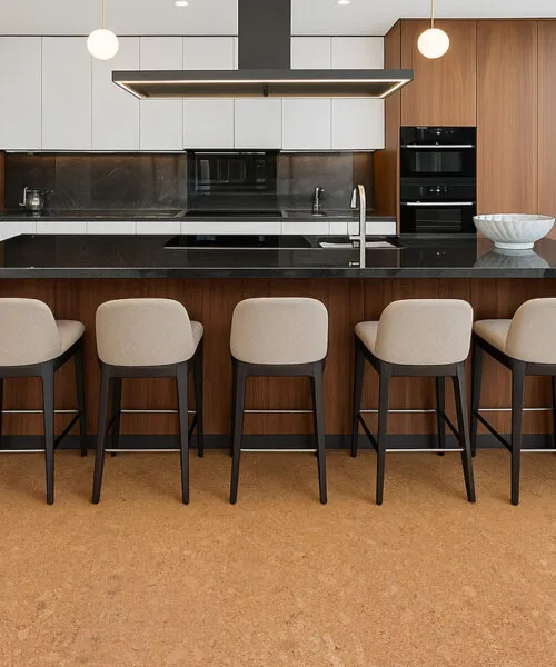 Contemporary Kitchen Design Enhanced By Autumn Leaves Cork Floating Floors In A Warm Golden Shade.
