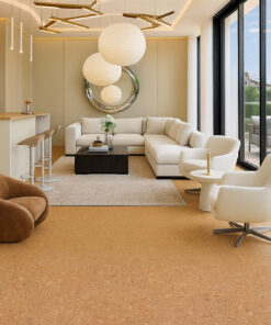 Stylish Living Lounge Featuring Autumn Leaves Cork Flooring And Expansive Sliding Doors To The Outdoor Patio.