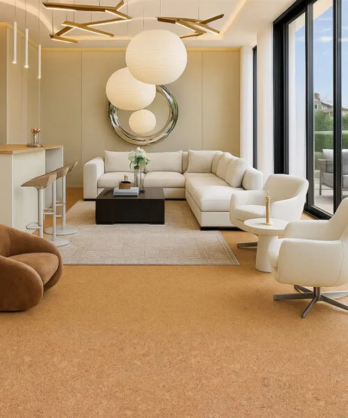 Stylish Living Lounge Featuring Autumn Leaves Cork Flooring And Expansive Sliding Doors To The Outdoor Patio.