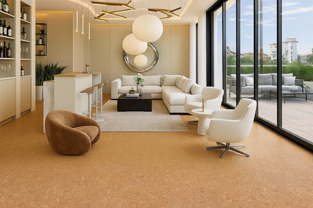 Autumn Leaves - 1/2&Quot; (12Mm) - Cork Floating (Fal12) Stylish Living Lounge Featuring Autumn Leaves Cork Flooring And Expansive Sliding Doors To The Outdoor Patio.