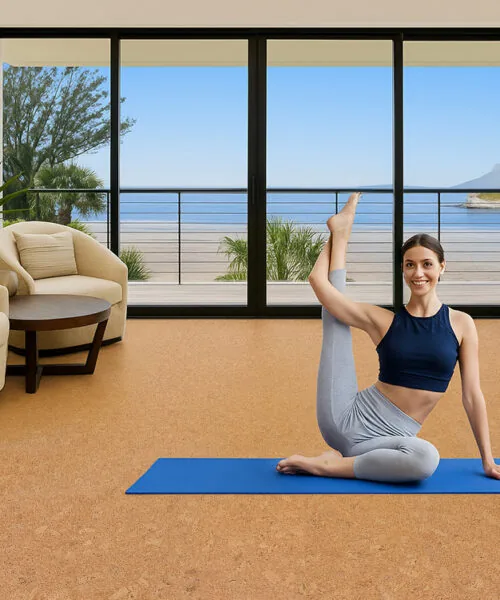 Yoga And Relaxation Room With Autumn Leaves Cork Flooring Offering Cushioning And Natural Warmth During Stretches.