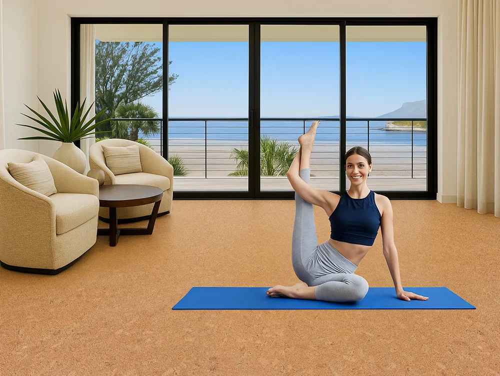 Autumn Leaves - 1/2&Quot; (12Mm) - Cork Floating (Fal12) Yoga And Relaxation Room With Autumn Leaves Cork Flooring Offering Cushioning And Natural Warmth During Stretches.