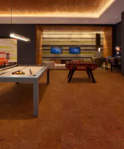 Autumn Ripple Cork Flooring Enhancing A Stylish Entertainment Room With Games And Ambient Lighting