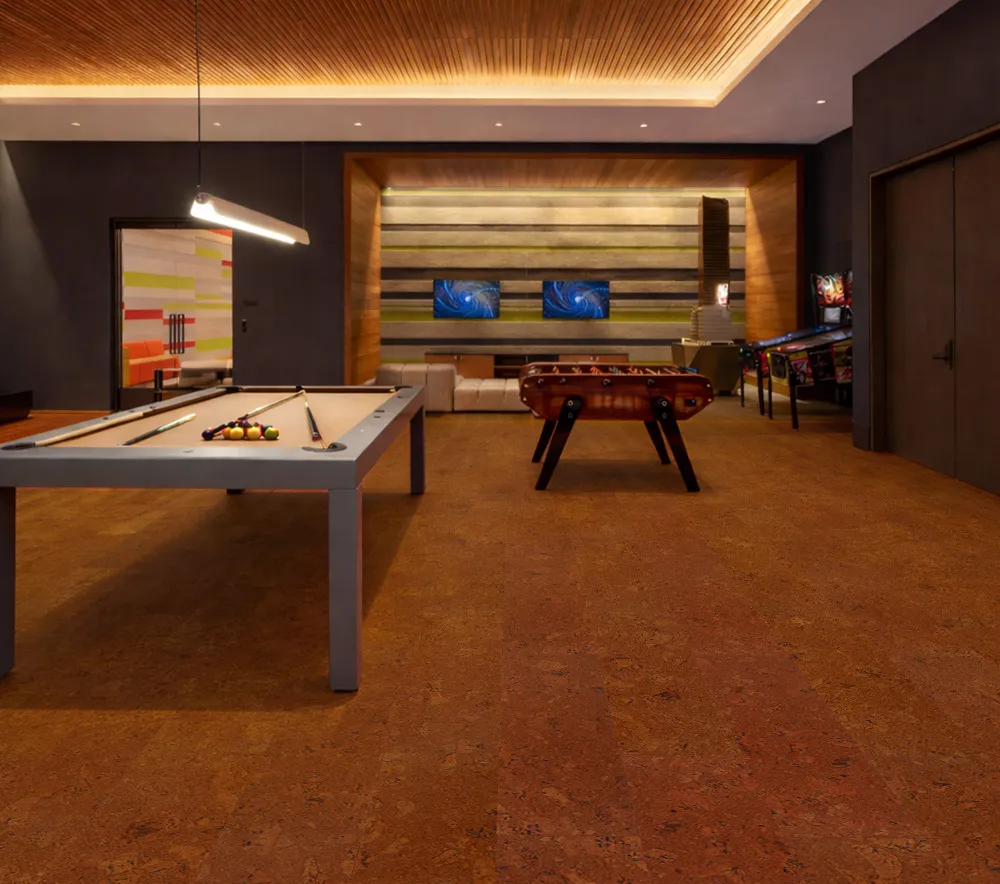 Autumn Ripple Cork Flooring Enhancing A Stylish Entertainment Room With Games And Ambient Lighting