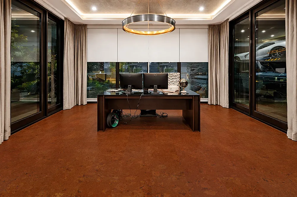 Rich Autumn Ripple Cork Flooring Adding Warmth And Comfort To A Modern Home Office Workspace