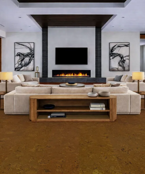 Autumn Ripple - 1/2&Quot; (12Mm) - Cork Floating (Far12) Warm Autumn Ripple Cork Flooring Creating A Cozy And Elegant Living Room With A Traditional Fireplace