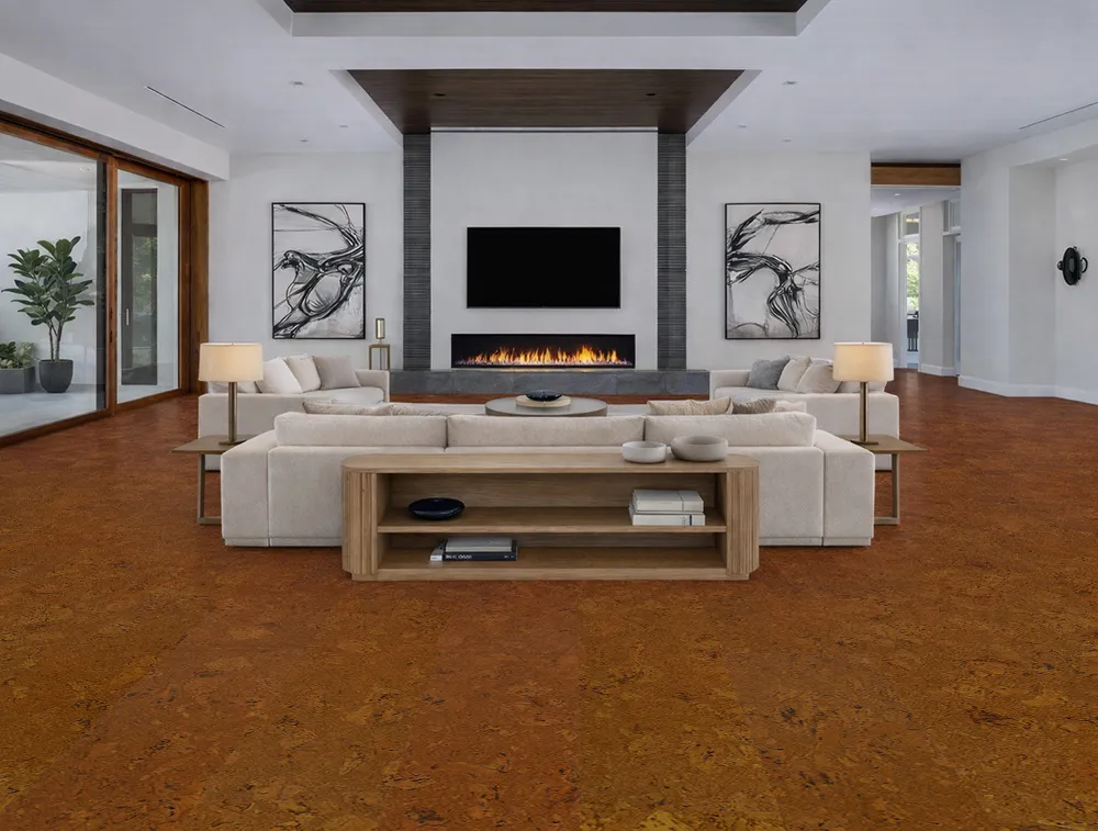 Warm Autumn Ripple Cork Flooring Creating A Cozy And Elegant Living Room With A Traditional Fireplace