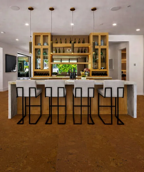 Autumn Ripple - 1/2&Quot; (12Mm) - Cork Floating (Far12) Autumn Ripple Cork Flooring Bringing Natural Warmth To A Bright Open Concept Kitchen And Bar Area