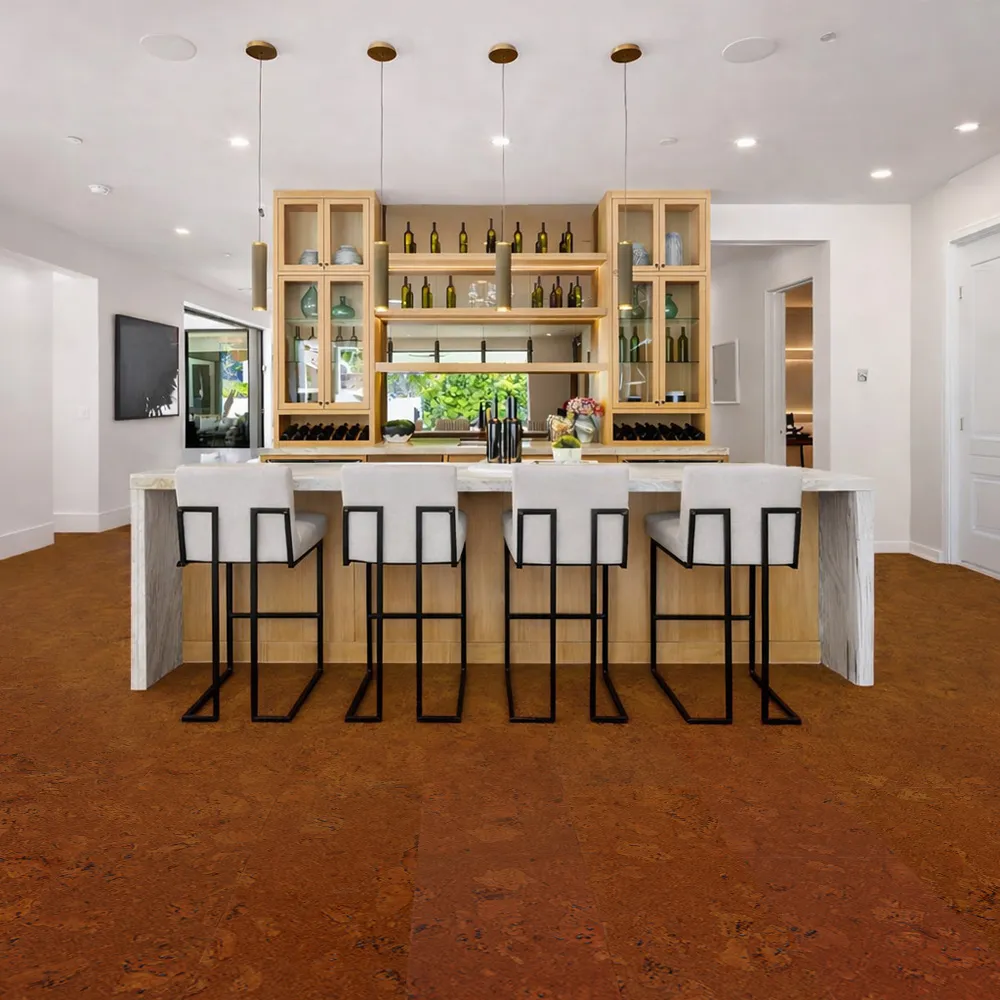 Autumn Ripple Cork Flooring Bringing Natural Warmth To A Bright Open Concept Kitchen And Bar Area
