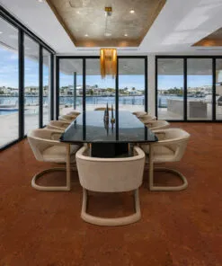 Autumn Ripple Cork Flooring Complementing A Luxury Dining Space With Panoramic Waterfront Views