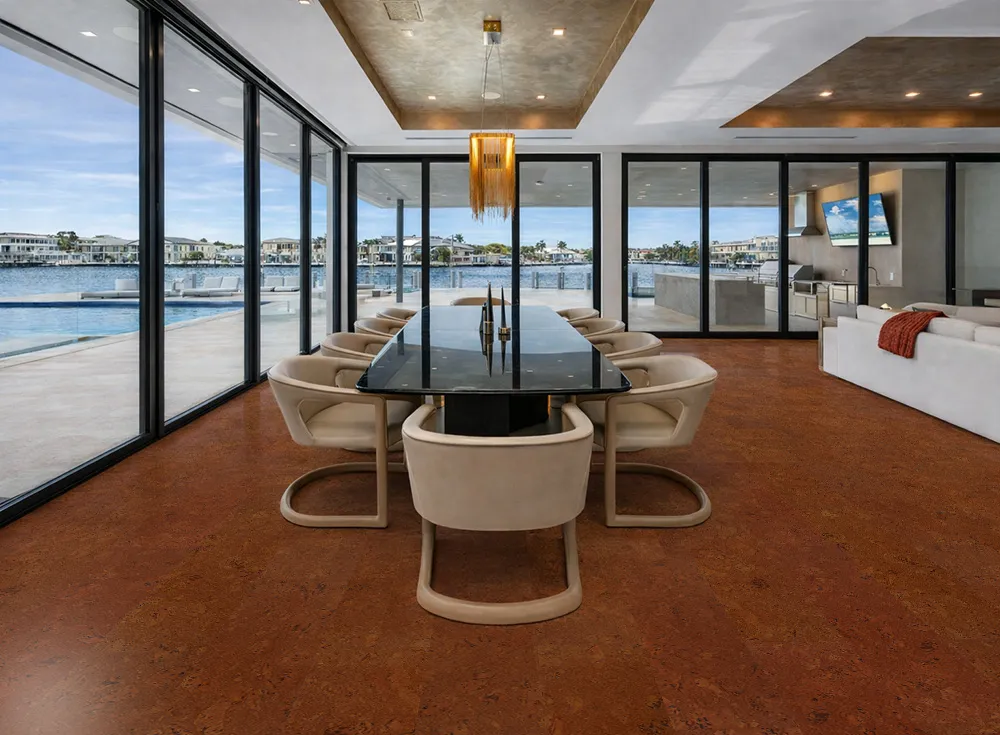 Autumn Ripple Cork Flooring Complementing A Luxury Dining Space With Panoramic Waterfront Views