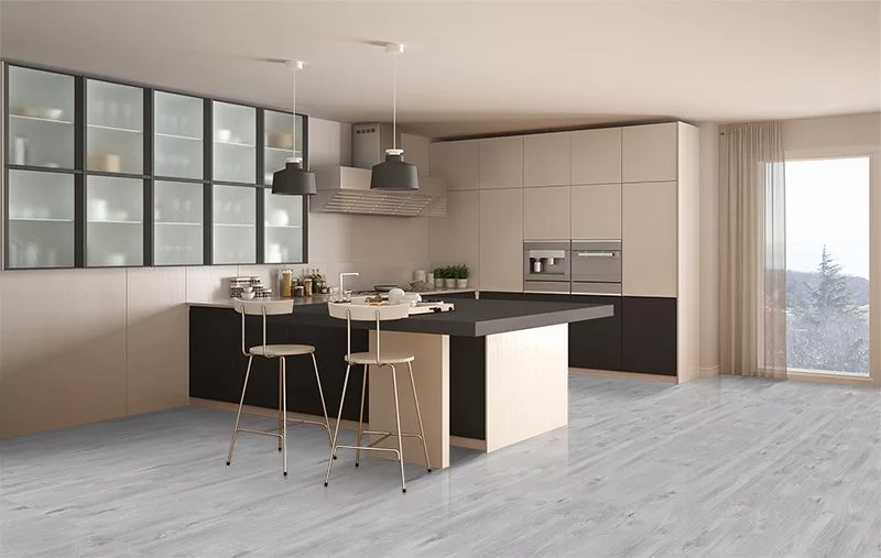 Barn Wood Forna Fusion Cork Floor Classic Minimal White Gray Kitchen