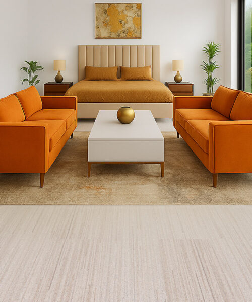 Vertical - 7/16&Quot; (11Mm) - Swiss Real Cork Floating (Fvtc11) Stylish Bedroom With Mid-Century Orange Sofas And Vertical Swiss Cork Flooring, Creating A Cozy, Warm, And Allergen-Free Living Space.