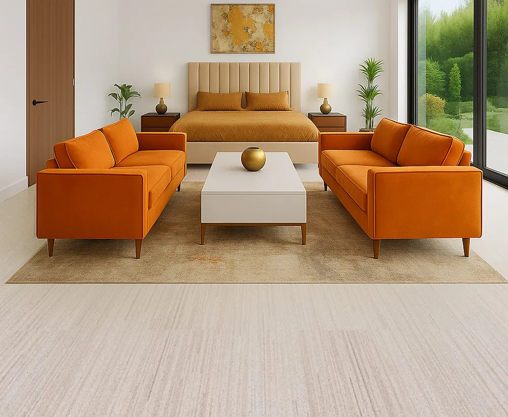 Vertical - 7/16&Quot; (11Mm) - Swiss Real Cork Floating (Fvtc11) Stylish Bedroom With Mid-Century Orange Sofas And Vertical Swiss Cork Flooring, Creating A Cozy, Warm, And Allergen-Free Living Space.